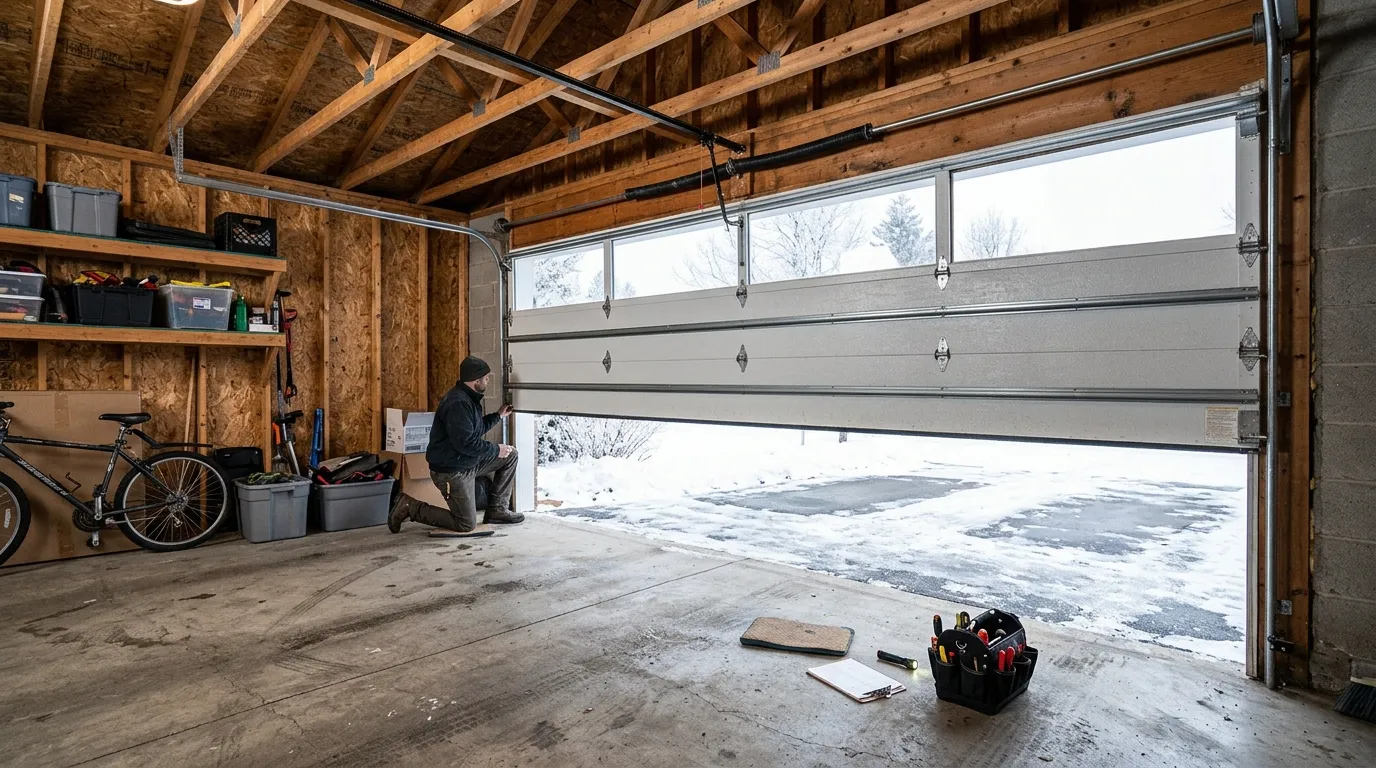 Garage door detail illustrating when a torsion spring breaks in port orchard's cold snaps