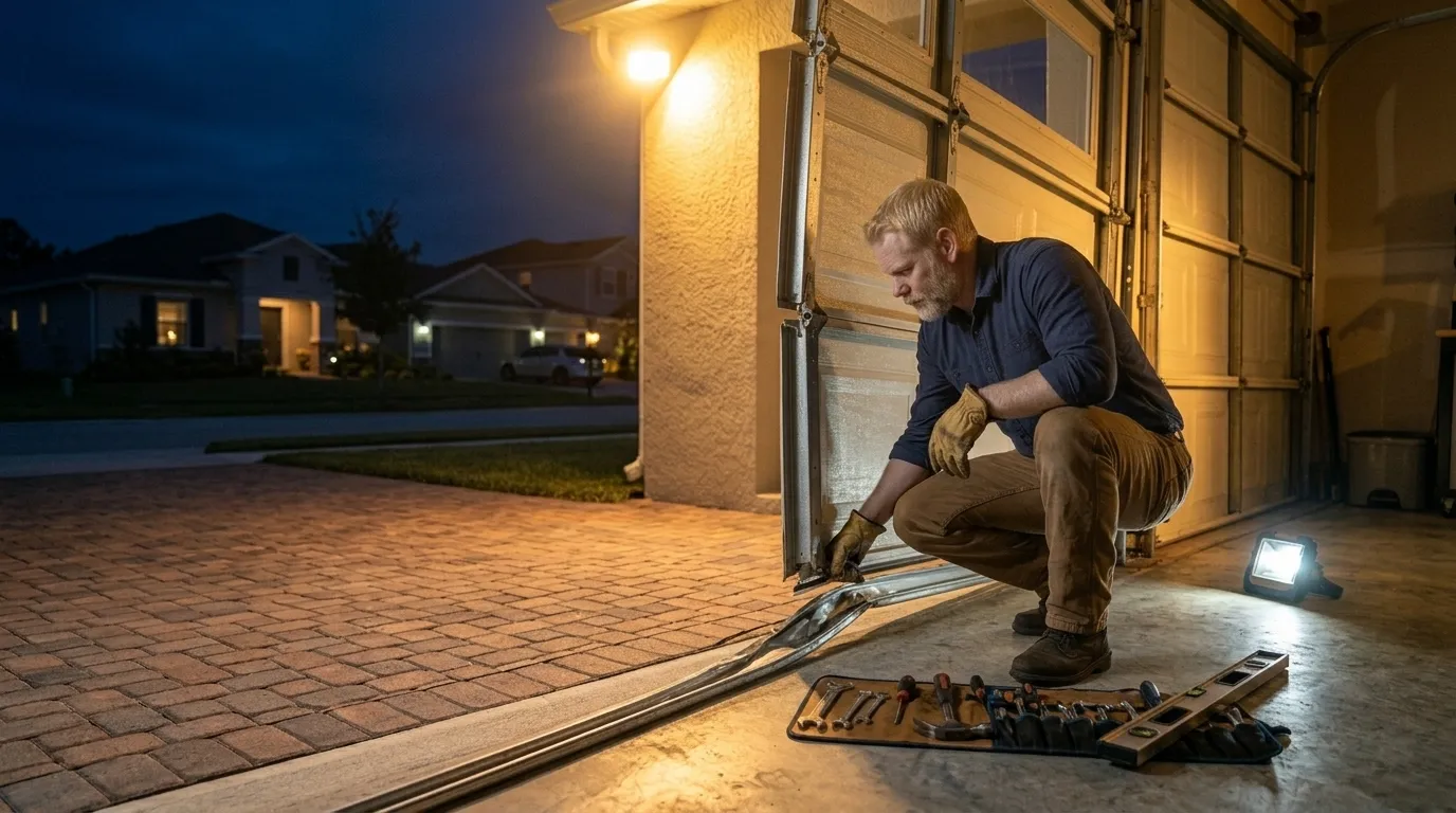 Garage door technician repairing a residential garage door in Port Orchard Washington